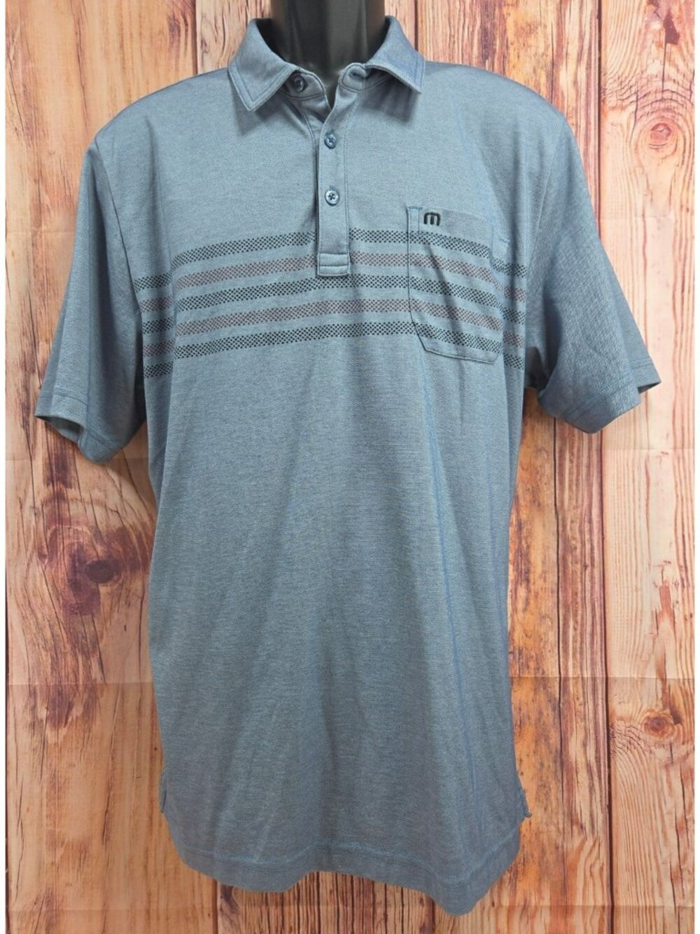 Travis Mathew Mens Blue Polo Shirt Large With Striped Chest Pocket